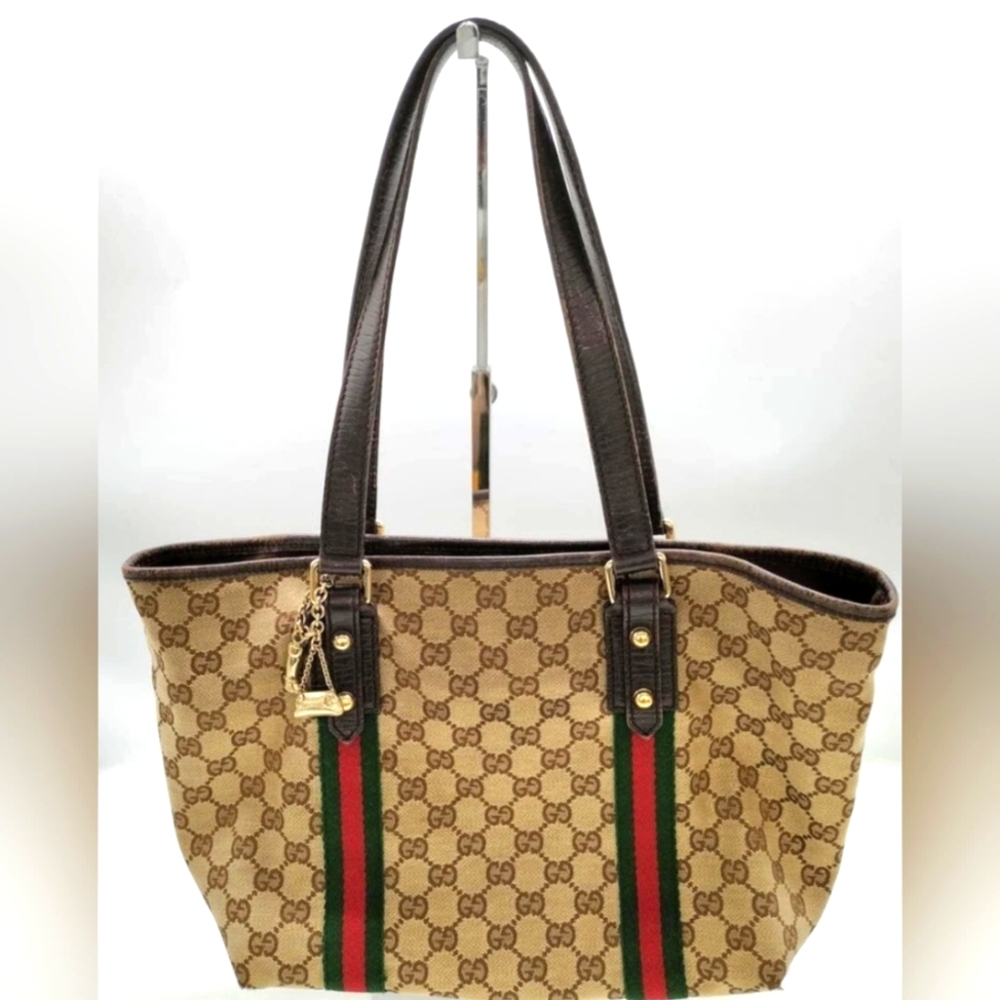 GUCCI Jolicoeur Tote From The Sherry Line With GG Signature Web Stripe Brown/Tan
